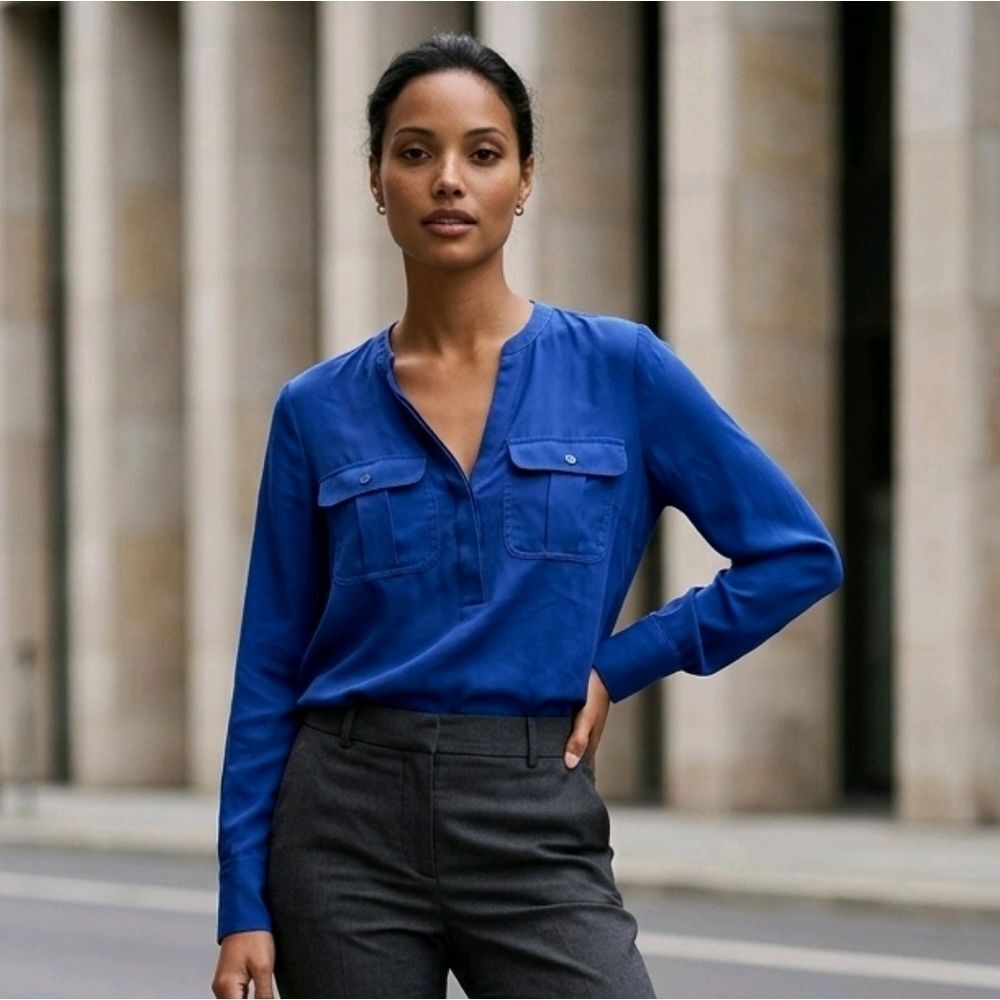 Banana Republic Cobalt Blue Blouse XS Utility Pocket Popover Work Career Top